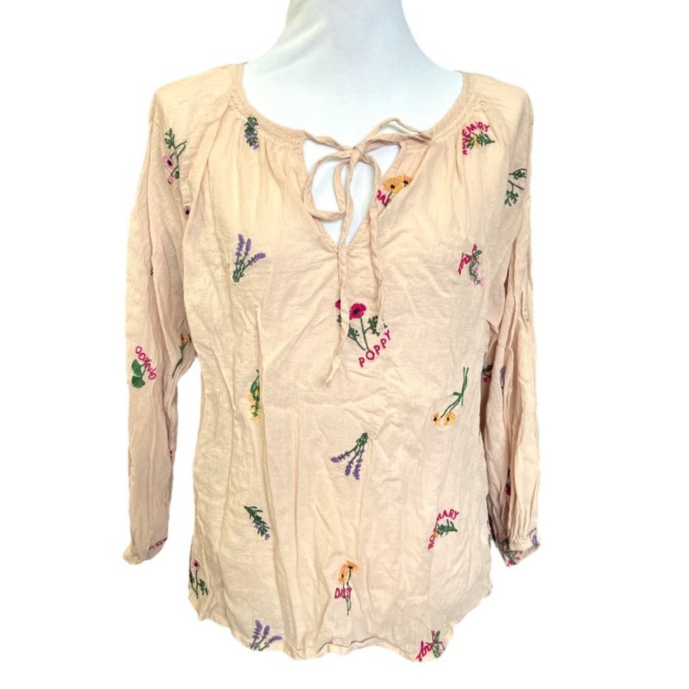 Madewell Embroidered Flowers with Names Beige Blouse Size M